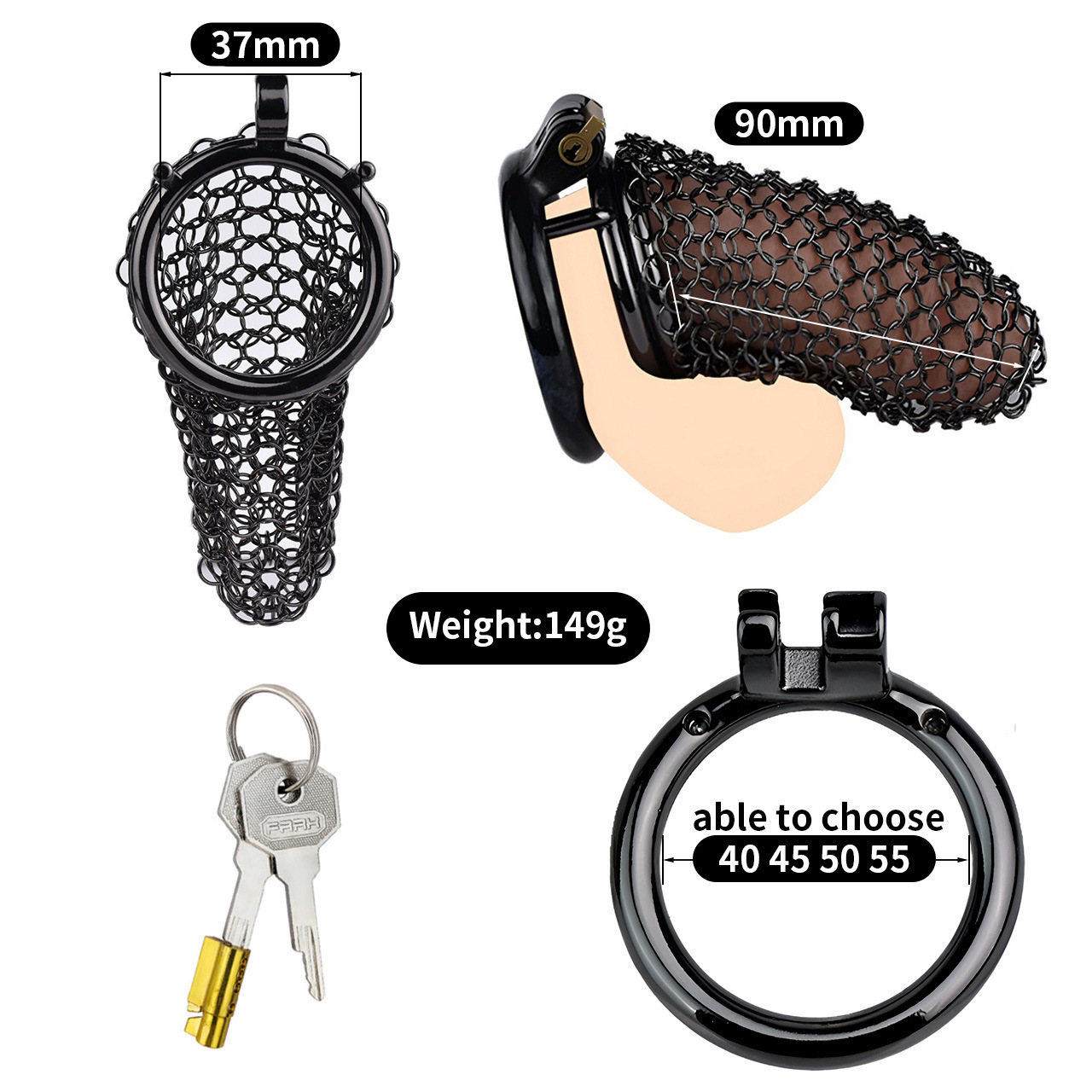 Metal Mesh Male Chastity Device – Lightweight Steel Chastity Cage with Lock (Short / Medium / Long)